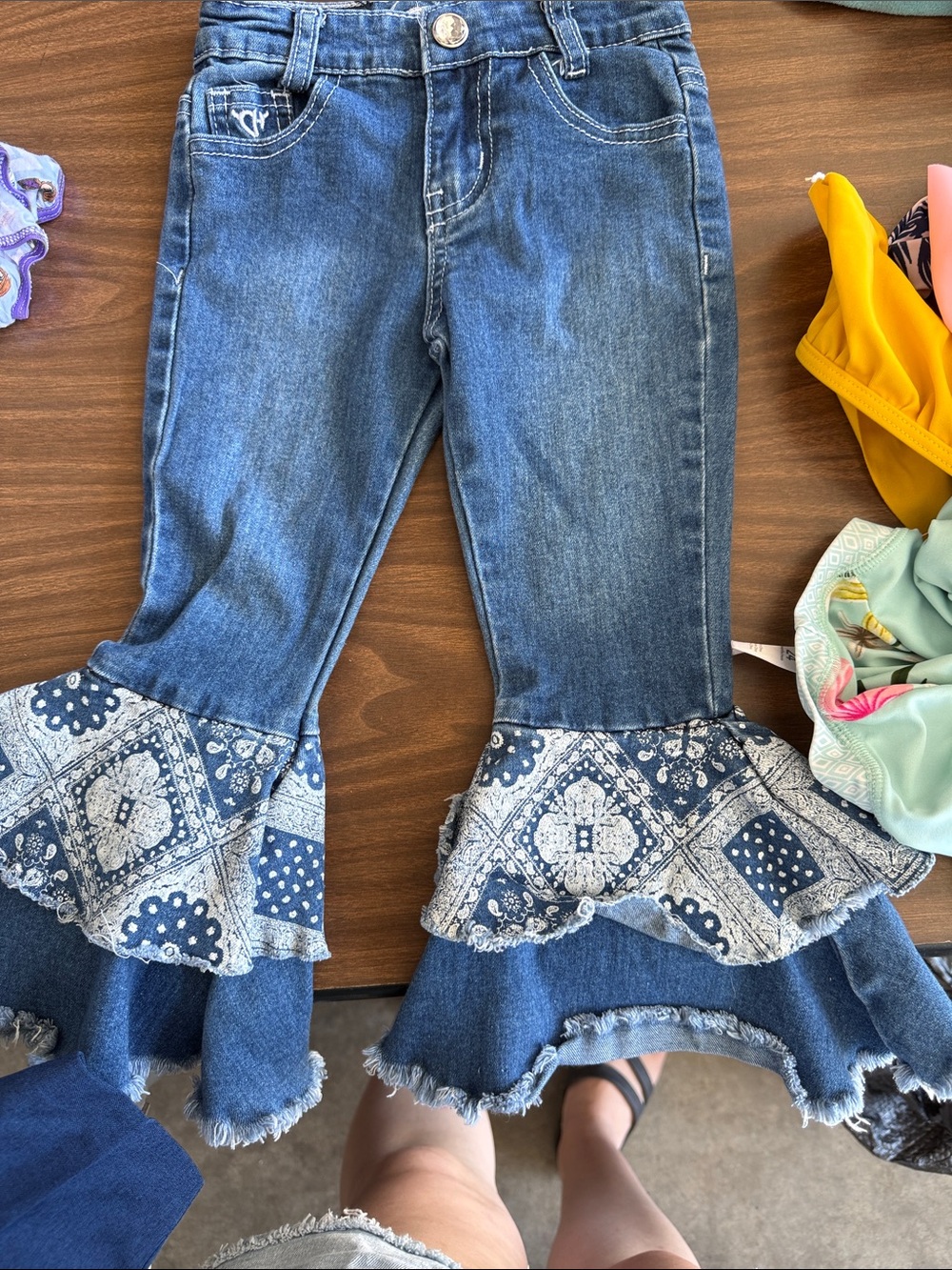 Girls Blue Denim Ruffle Jeans with Bandana Print Flounce